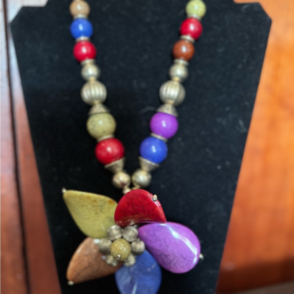 Unique Multicolor Beaded Flower Necklace with silver accents
